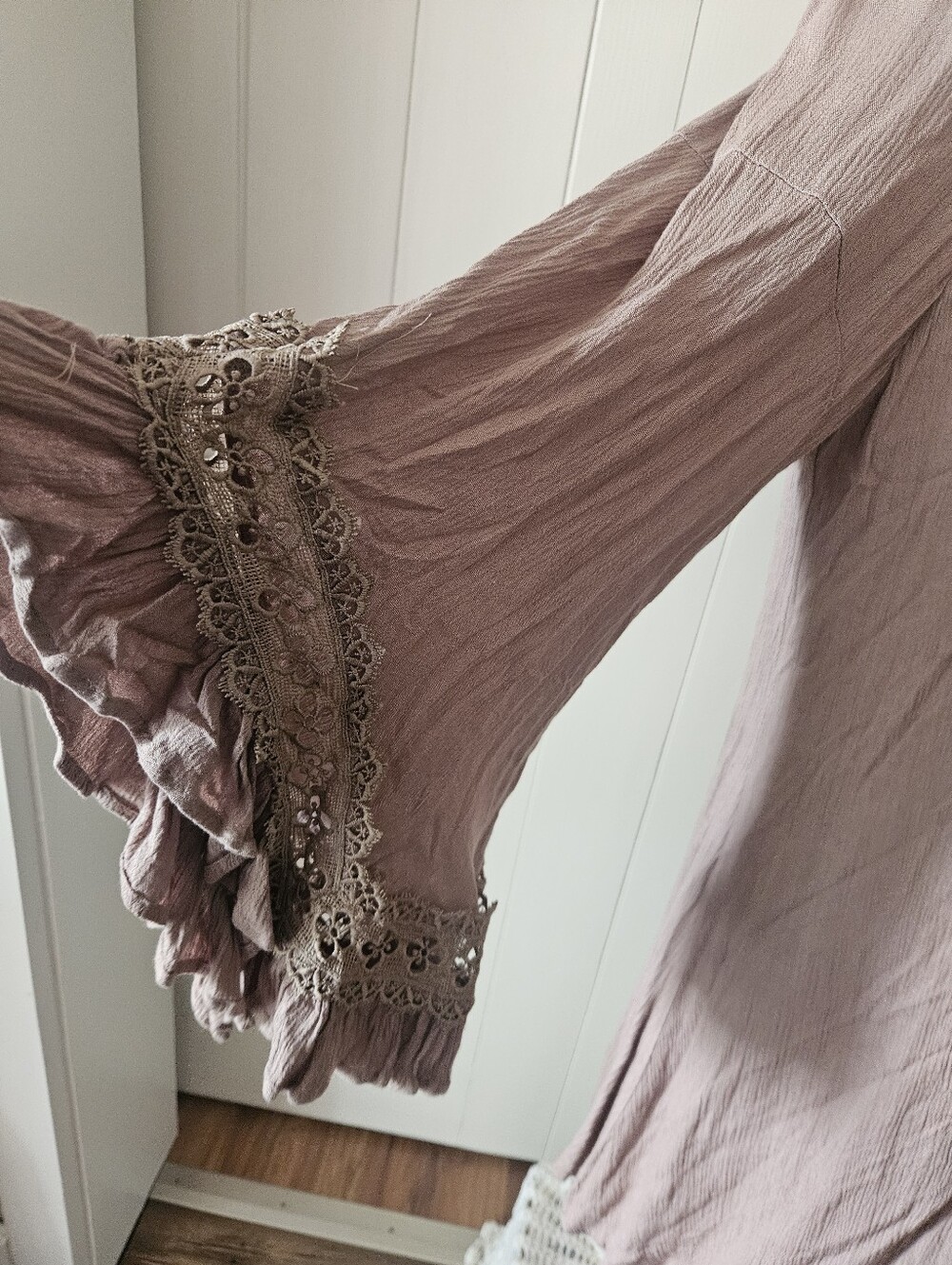 Dusty Brown Boho Lace Bell Sleeve Mini Dress